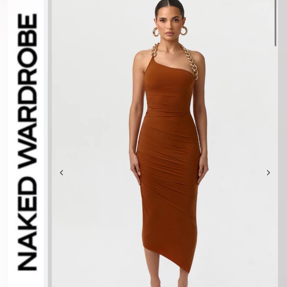 NAKED WARDROBE 🤎🧡 BARE BODY HALTER CHAIN MIDI DRESS ~ CARAMEL ~ XS